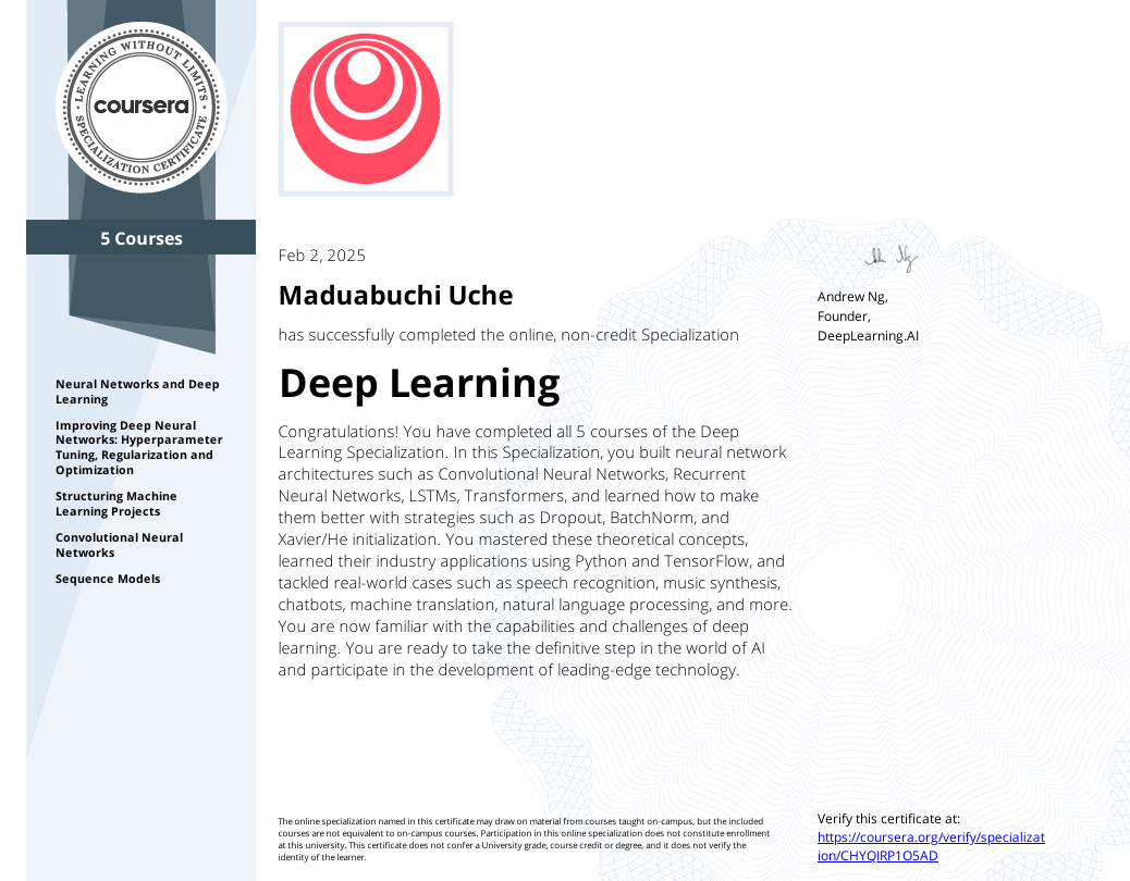 Deep Learning Specialization Certificate