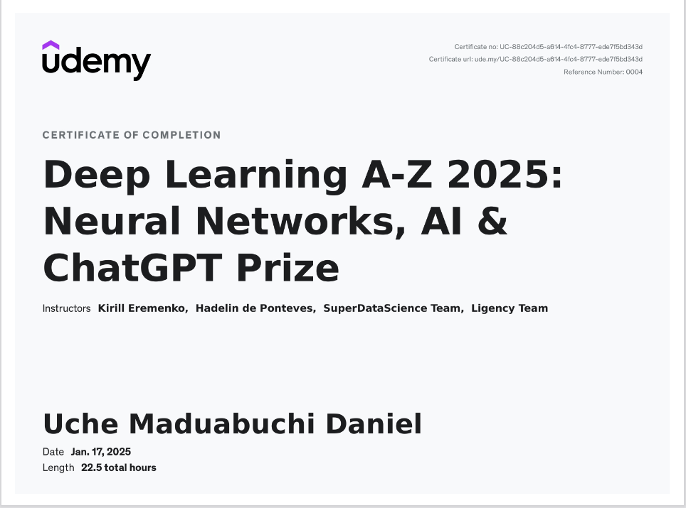 Deep Learning A-Z 2025: Neural Networks, AI & ChatGPT Prize Certificate