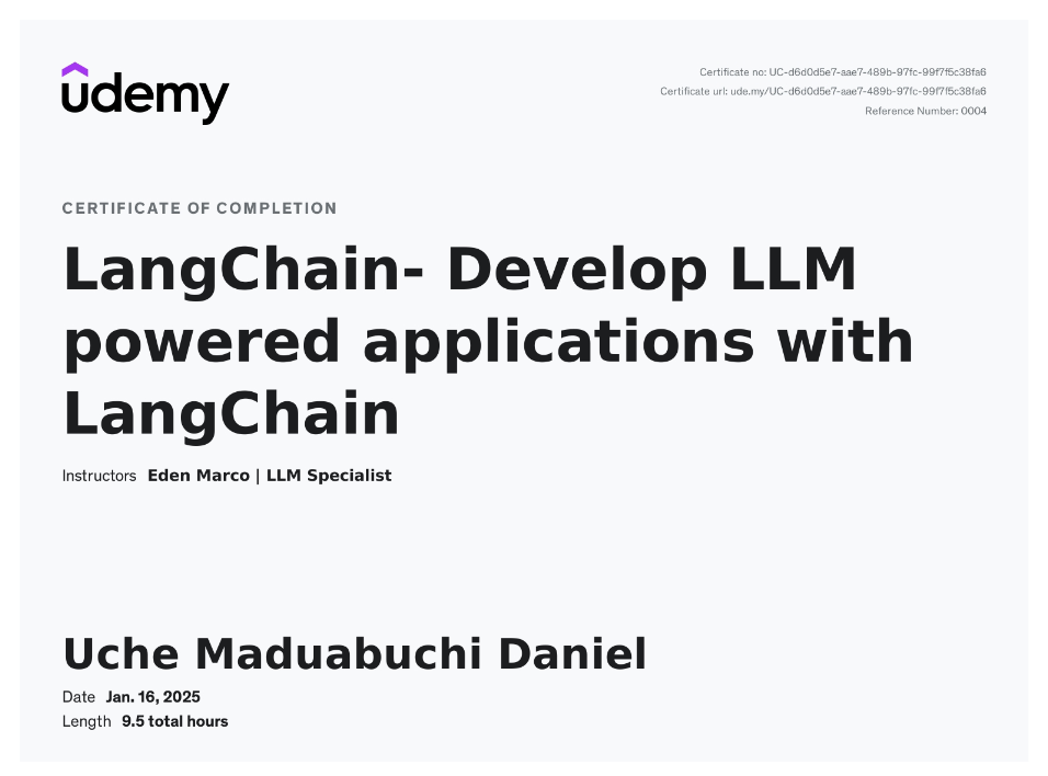 LangChain - Develop LLM Powered Applications with LangChain Certificate